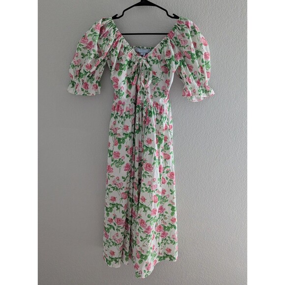Hill House Dresses & Skirts - Hill House Ophelia White Midi Dress with Pink Rose & Green Leaf Print